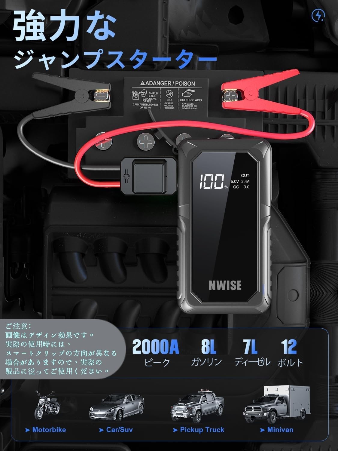 Amazon | NWISE ジャンプスターター 2000Aピーク電流 大容量 12V 車用